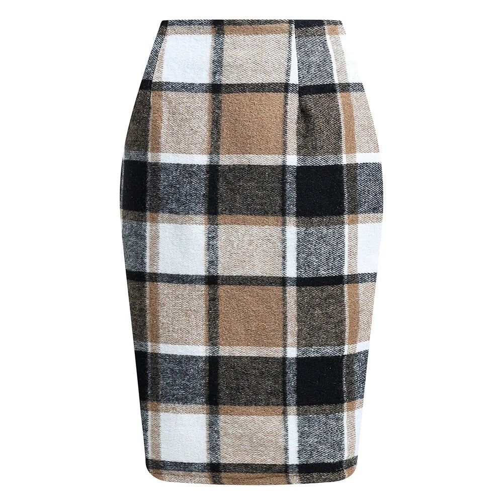 2025 Autumn and Winter Women's Plaid Hip Skirt Zipper Slim Wool Blend Fashion Office Pencil Skirts Midi Skirt