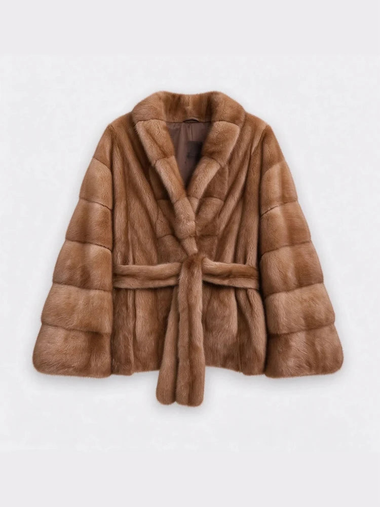 Lady Faux Fur Waist Belt Coat Casual Stand Collar Wide Flare Sleeve Stitched Plush Jacket Soft Thick Warm Winter Outerwear Daily