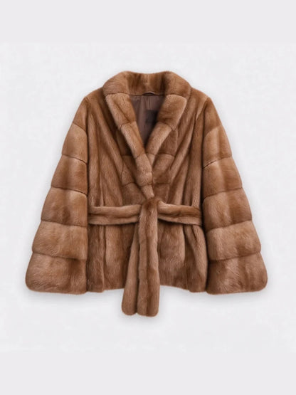 Lady Faux Fur Waist Belt Coat Casual Stand Collar Wide Flare Sleeve Stitched Plush Jacket Soft Thick Warm Winter Outerwear Daily