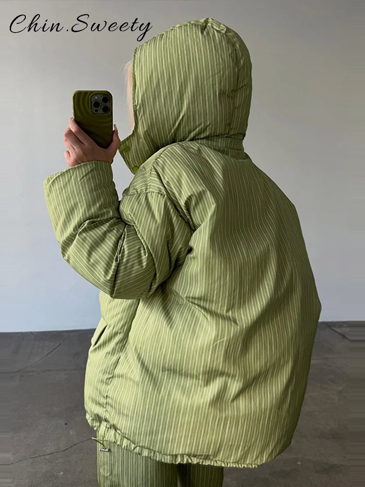 Fashion Women's Stripe Cotton Padded Coat Pant Set Loose Full Sleeve Hooded Zipper Jacket Elastic Waist Pants 2026 Winter Suits