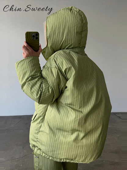 Fashion Women's Stripe Cotton Padded Coat Pant Set Loose Full Sleeve Hooded Zipper Jacket Elastic Waist Pants 2026 Winter Suits