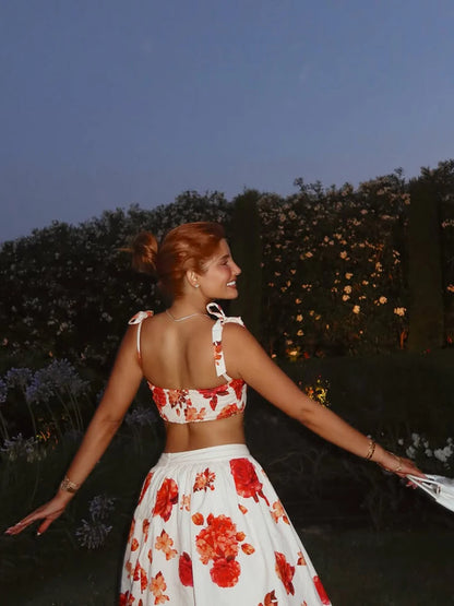 Elegant Floral Two Piece Set Sweetheart Crop Bustier High Waist Flowy A Line Midi Skirt Women Summer Daily Vacation Party Outfit