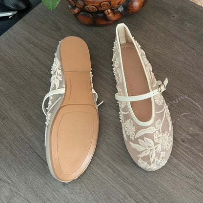 Women's Embroidered Mesh Mary Jane Flats