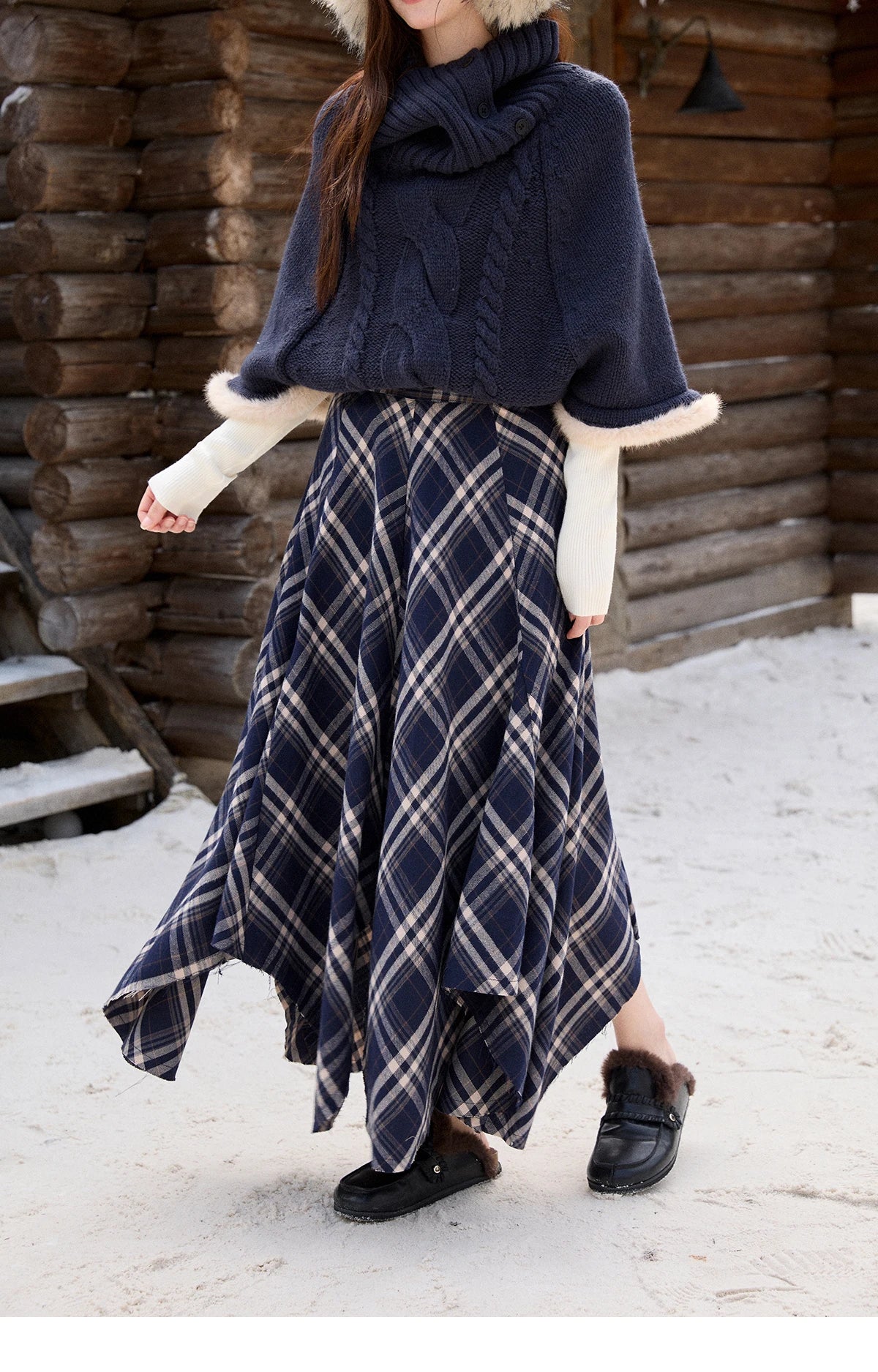 MISHOW Irregular Brushed Plaid Skirt for Women 2025 Winter Retro Blue Plaid Skirt Frayed Edge Midi A-line Skirts MXE86B2450