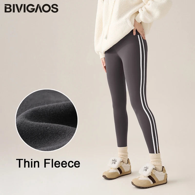 BIVIGAOS New Autumn White Striped Light Fleece Leggings Women Winter Pants High Waist Slim Velvet Thick Sport Warm Leggings