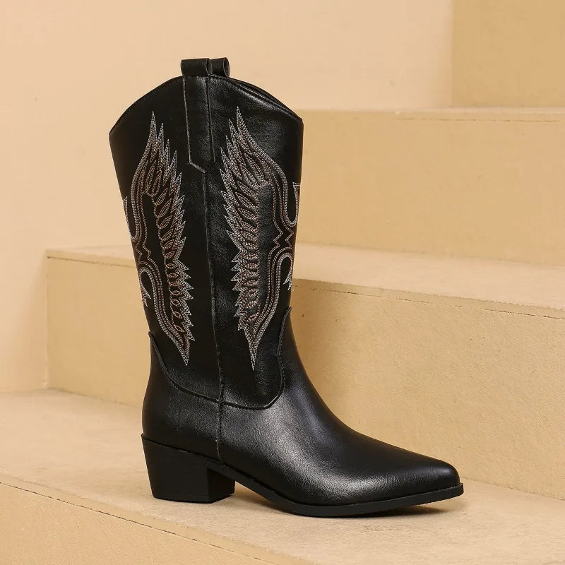 Western-Style Pointed-Toe Block-Heel Boots