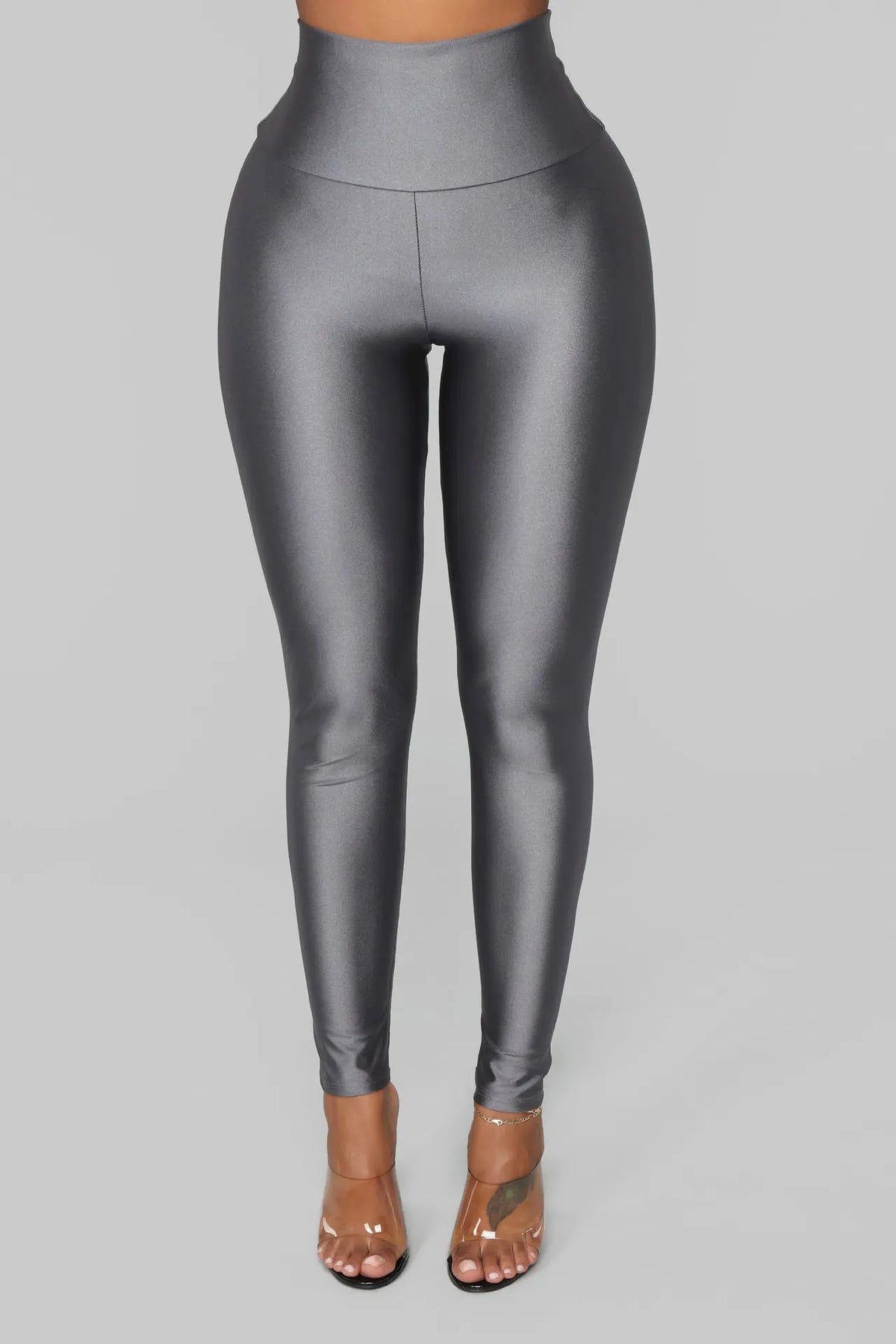 Euro-american Style Gray Gloss Leggings High-waisted Solid Color Leggings High-stretch Waist Tight Nine-point Pants For Women