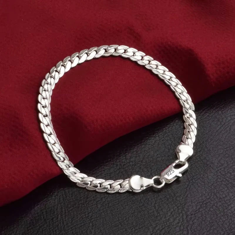925 Silver Bracelet 6mm 18/19/20cm Flat Side Chain Lobster Clasp For Woman Man Wedding Engagement Jewelry