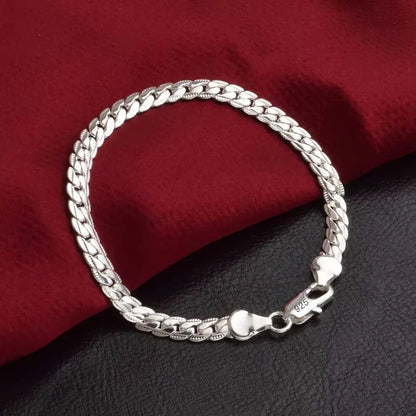 925 Silver Bracelet 6mm 18/19/20cm Flat Side Chain Lobster Clasp For Woman Man Wedding Engagement Jewelry