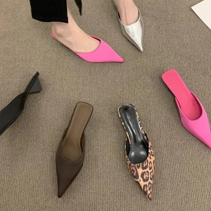New Luxury Pointed Toe Women Mules Slipper Fashion Candy Color Ladies Elegant Dress Sandal Square Low Heel Slip on Slides Shoes