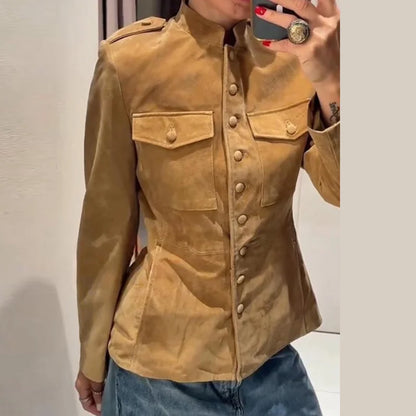 Fashion Dark Gray Suede Bomber Jacket Women Stand Collar Full Sleeve Oversize Asymmetric Street Coats 2026 Autumn Lady Jackets