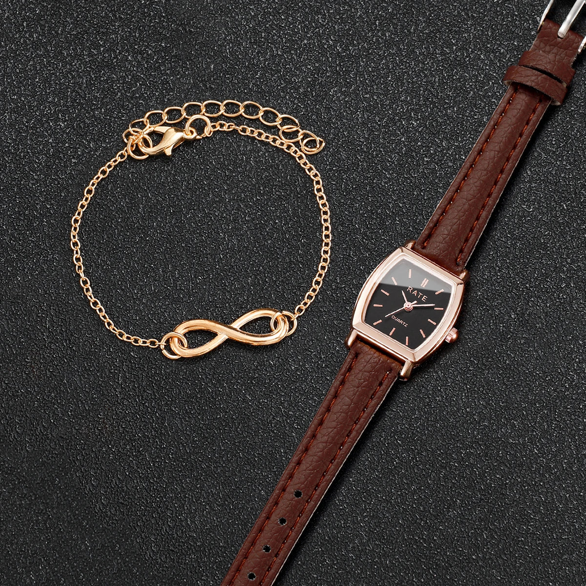 2PCS Fashion Women Quartz Watch Bracelet Set Retro Leather Strap Ladies Wristwatch Jewelry Gift Relogio Feminino（Without Box）