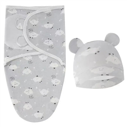 Baby Blanket Hat Set Cartoon Printed Cotton Newborn Swaddle Adjustable Infant Sleeping Swaddle Wraps All Seasons 0-6 Months