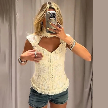 Elegant Cream White High Neck Floral Lace Top Women Sexy Sleeveless Cutout Front Frill Hem Slim Blouse Lady Vacation Party Top