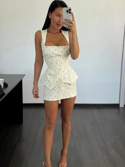 Elegant Print Waistband Short Dress For Women Square Collar Sleeveless Zip Up Waist-closed Dresses 2026 Summer Lady Party Robes