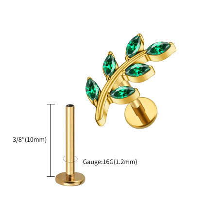 Right Grand ASTM F136 Titanium 16G Marquise CZ Leaves Stud Earring Leaf Shaped Helix Cartilage Conch Flat Back Piercing Jewelry