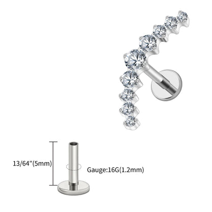 Right Grand ASTM F136 Titanium Arc CZ Cluster Labret Curved Bar Flat Back Stud Earring Helix Cartilage Conch Piercing Jewelry