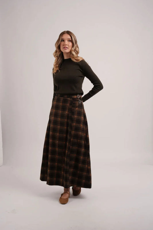 AS AW26 fashion Embroidered knit mockneck top + Plaid buckle skirt match woman clothes