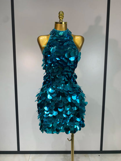 Women Sexy Halter Sequins Backless Mini Dress Luxury Birthday Evening Party Gowns Nightclub Singer Dancer Stage Outfit