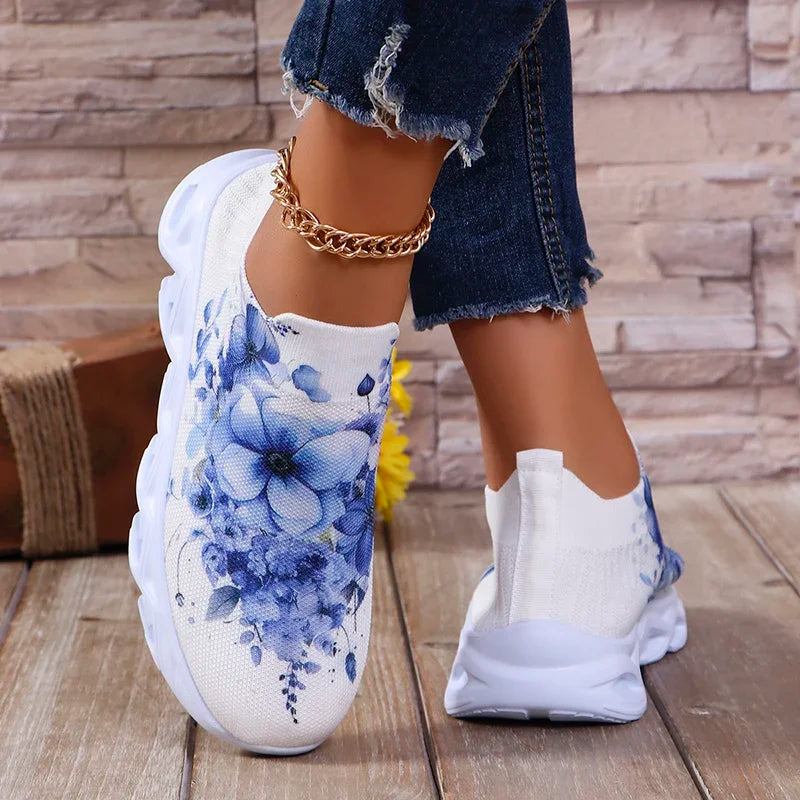 Fashion Printed Women's Running Sneakers Plus Size Knitted Breathable Mesh Casual Shoes Woman Comfortable Non Slip Walking Flats