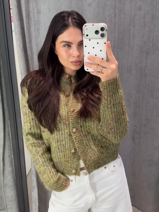 Fashion Marled Knitted Cardigan O-neck Single Breasted Long Sleeves Loose Sweater Women Casual Fashion Commute Autumn Sweaters