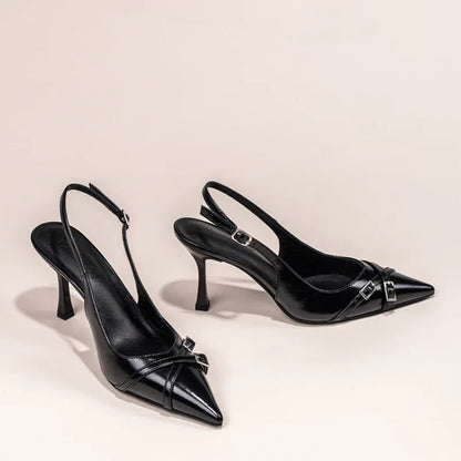 Fashionable Pointed Toe Shallow Mouth New High-heeled Shoes Summer Elegant Buckle Decorated Stiletto Black Women's Shoes NO:602