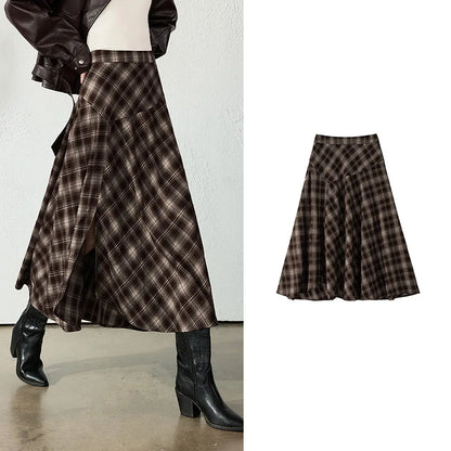 TOYOUTH Womens Midi Skirt 2026 Autumn New Brushed Plaid Irregular Nomadic Style Mid Length Skirt