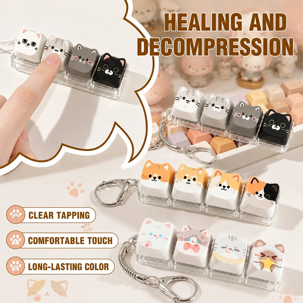 Cute Cat Relax Button Keycap, Kawaii Cat 4-Key Keyboard Fidget Toy for Friends Gift, Portable Fidget Keychain Fashion Bag Charm