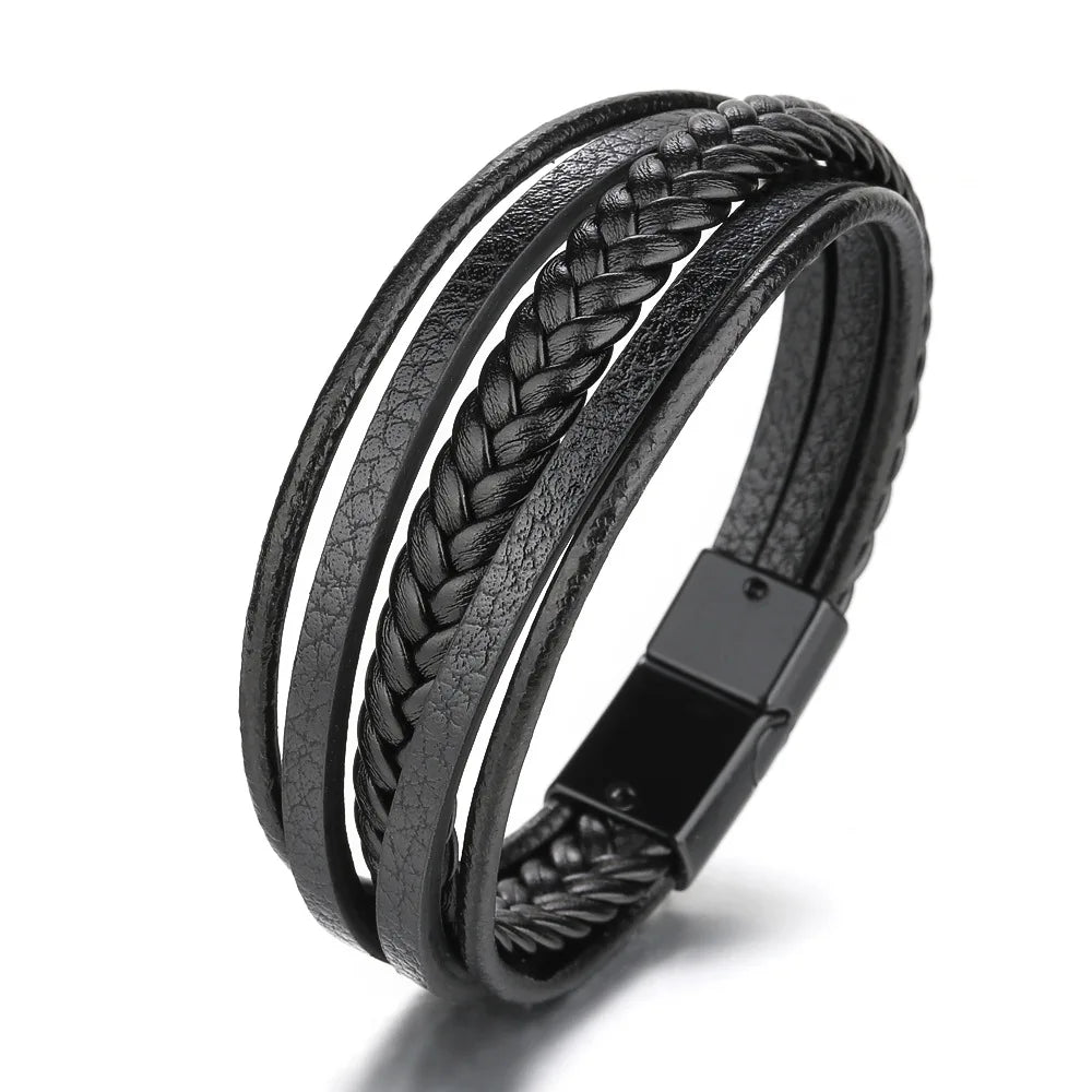 Trendy Leather Bracelets For Men Stainless Steel Bracelet 21CM Multilayer Braided Rope Bracelets for Male Jewelry Gifts