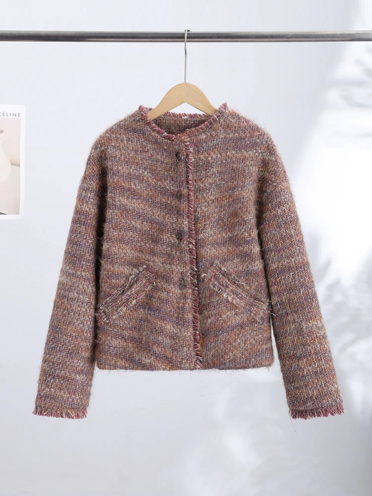 Elegant Tweed Short Coats Women's Loose Fringe Trim Full Sleeves Round Neck Jackets 2026 New Ladies Autumn Office Outwear