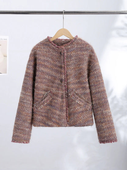 Elegant Tweed Short Coats Women's Loose Fringe Trim Full Sleeves Round Neck Jackets 2026 New Ladies Autumn Office Outwear