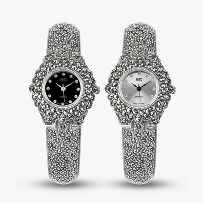 Solid 925 Sterling Silver Thailand Silver  Marcasite Luxury Wrist Watches Jewelry Women's Quartz Watches Bracelet Fine Jewelry