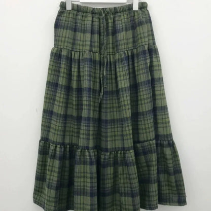 Women's Green Plaid Tiered Long Skirt