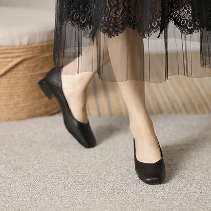 Woman Elegant Square Toe Concise Black 4CM High Heel Female Shallow Retro Mary Janes Comfortable Cute Loafers Lolita Shoes