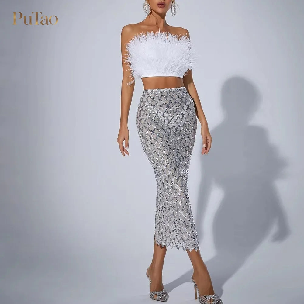 PuTao 2 Piece Formal Outfit White Feather Strapless Crop Top Sequin Mesh Midi Skirt Set Evening Birthday Cocktail Dresess