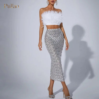 PuTao 2 Piece Formal Outfit White Feather Strapless Crop Top Sequin Mesh Midi Skirt Set Evening Birthday Cocktail Dresess