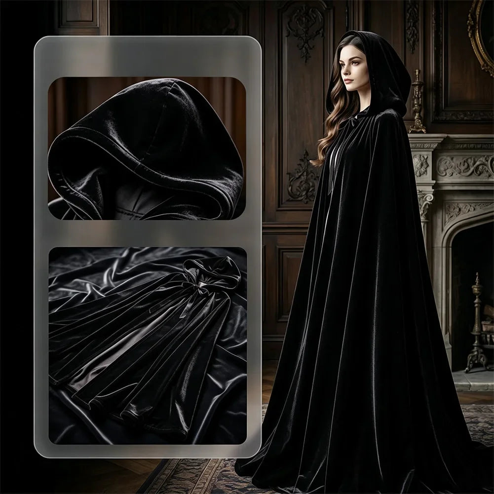 Halloween Hooded Velvet Cloak Long Medieval Cape Wide Silhouette Velvet Shawl For Women Wedding Stage Festival Holiday