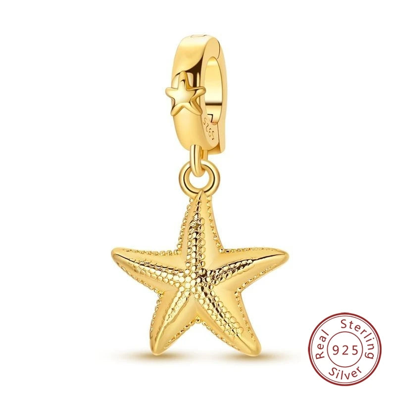 Hot Sales 925 Sterling Silver Golden Series Charms Leopard Little Bear Starfish Bow Bead Fit Original Bracelet DIY Women Jewelry