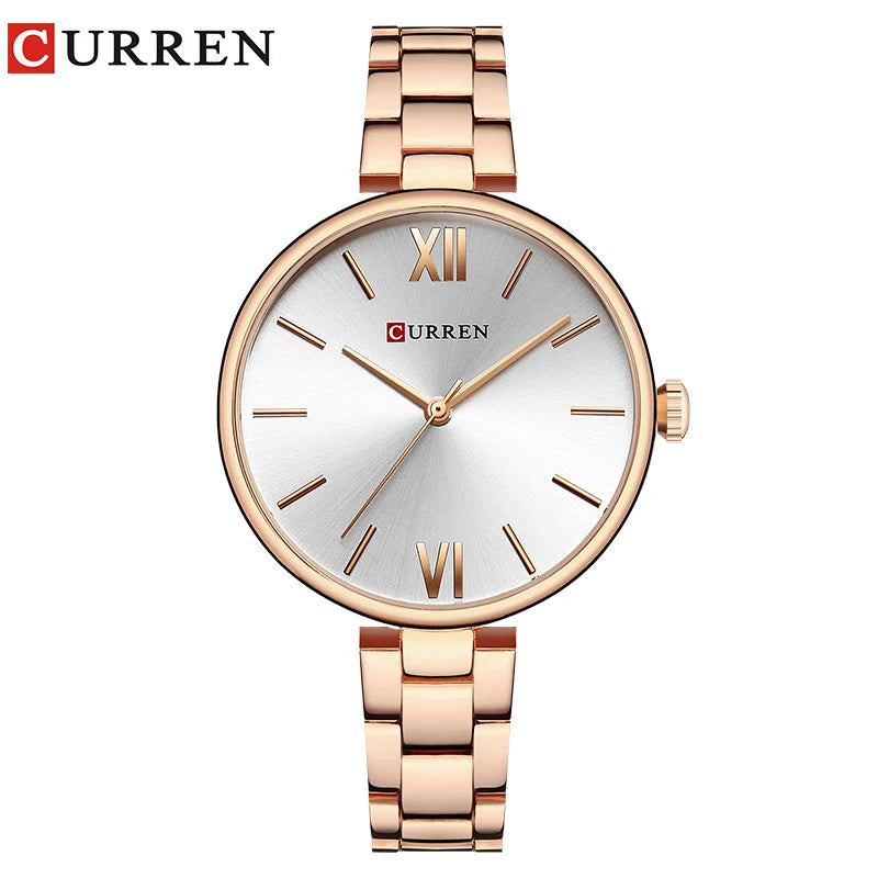 CURREN 9017 Women Minimalist Watches Roman Numeral Rose Gold Women Quartz Clock Creative Wood Pattern Dial Fashion Wristwatch