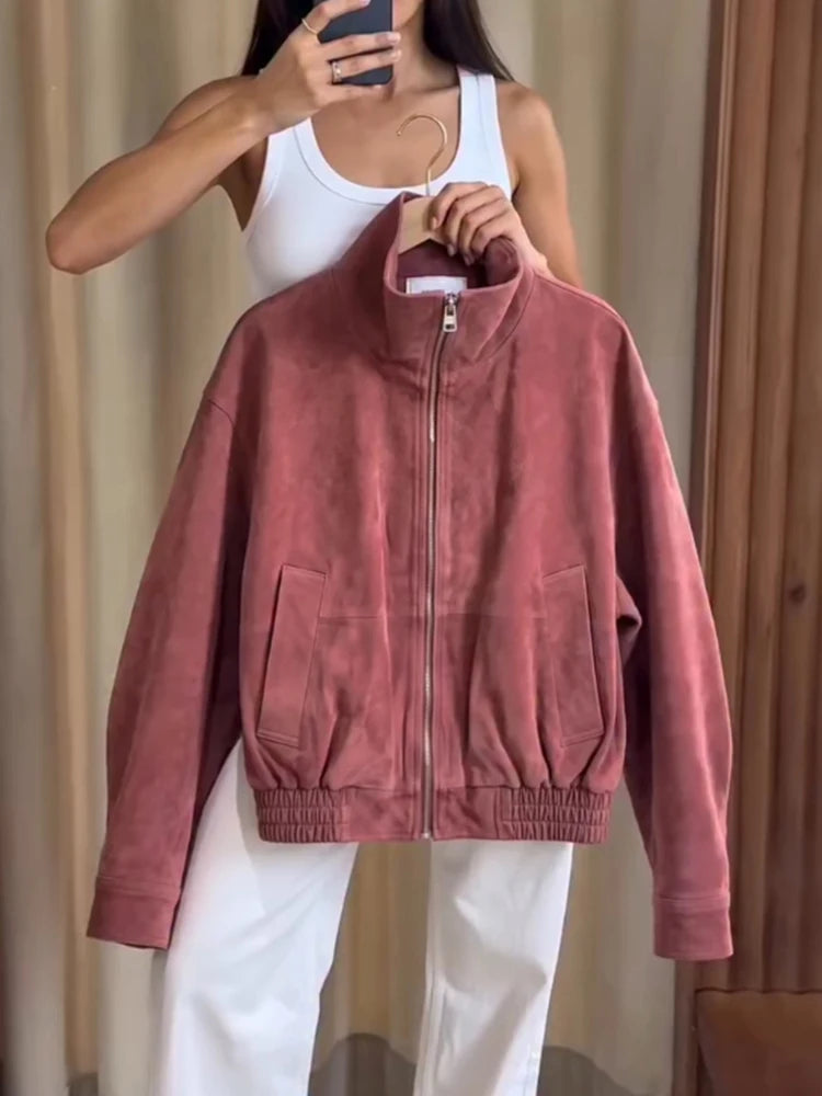 Women Dusty Faux Suede Bomber Jacket Stand Collar Zip Up Loose Drop Shoulder Elastic Hem Casual Fall Outerwear 2026 Fashion Coat