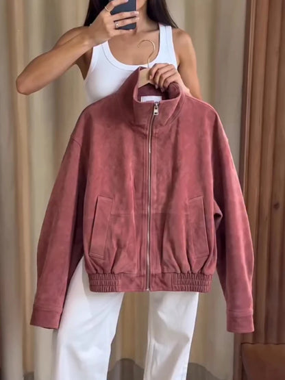 Women Dusty Faux Suede Bomber Jacket Stand Collar Zip Up Loose Drop Shoulder Elastic Hem Casual Fall Outerwear 2026 Fashion Coat
