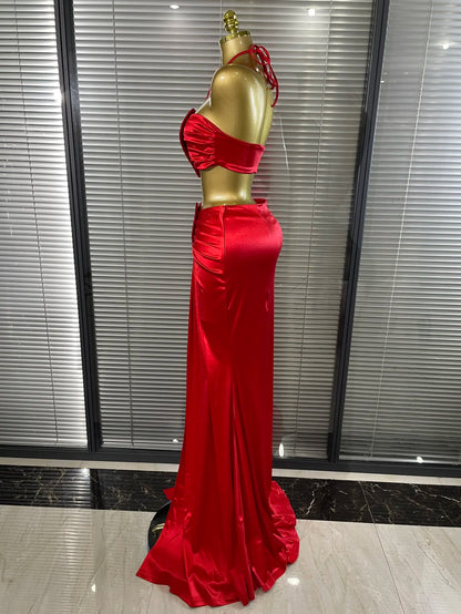 Shining Rhinestones Heart Women Sexy Halter 2 Pieces Bodycon Long Maxi Dress Nightclub Party Celebrate Performance Costumes