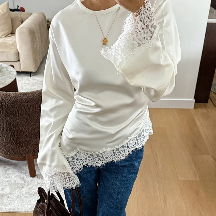 Linad Elegant White Lace Flare Sleeve Woman Blouse 2026 Vintage Satin Asymmetrical Shirts Female Casual O Neck Pullover Tops