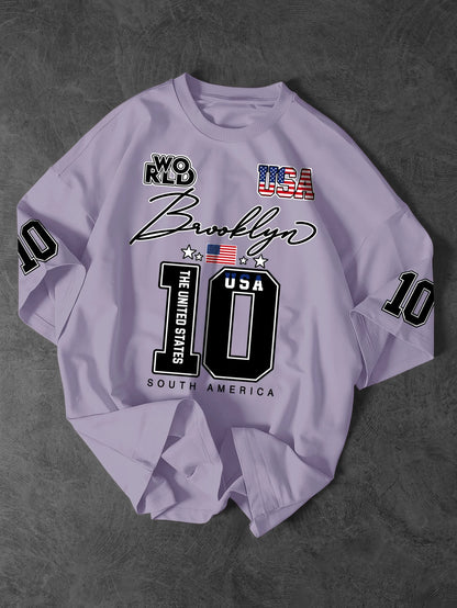Men's & Women's USA Brooklyn 10 Varsity Graphic T-Shirt American Flag Print Y2K Streetwear Oversized Crew Neck Tee