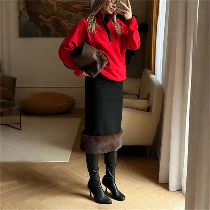 LIMO Women Midi Pencil Skirt Faux Fur Hem Elegant High Waist Winter Thick Bodycon Skirt