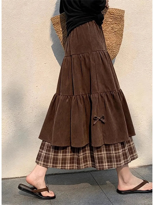 plus Size Women's Vintage Plaid Patchwork Corduroy A-Line  Skirt High Waist Straight Leg Pants Casual  Knot