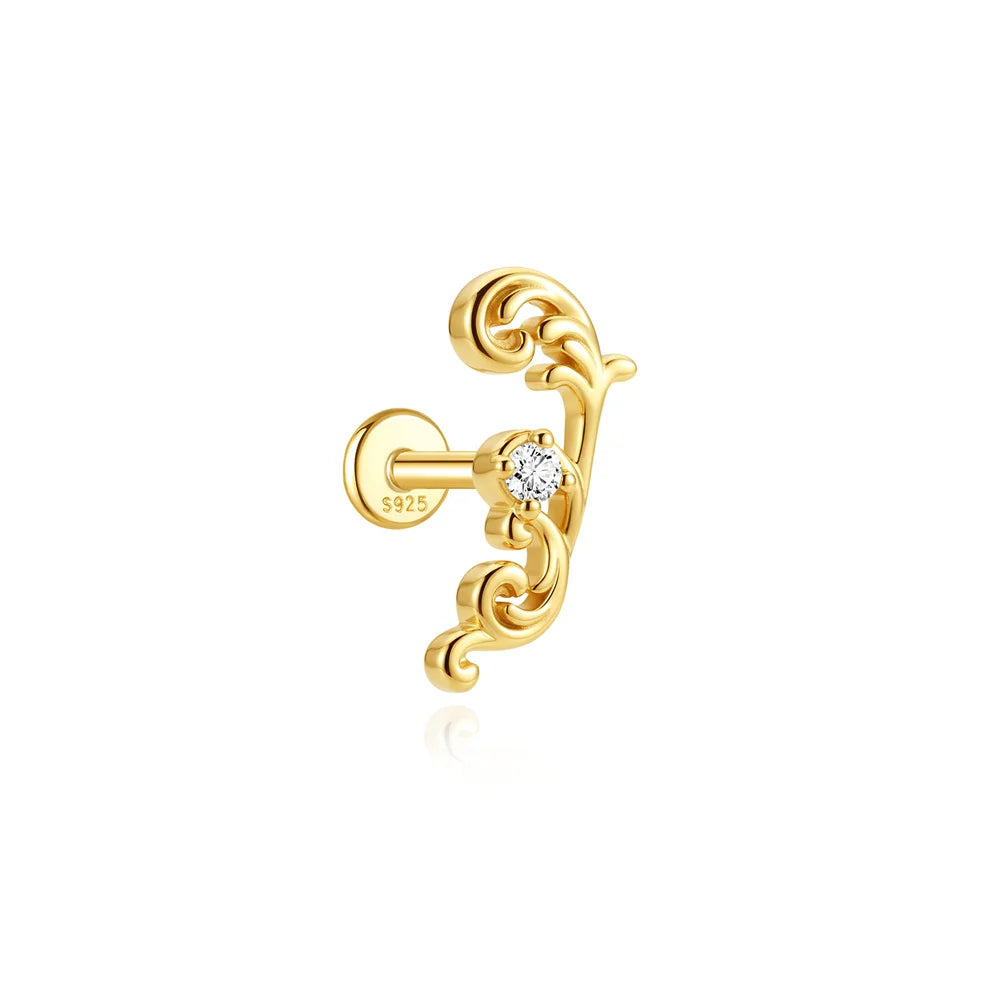 AIDE 925 Sterling Silver Shiny Hollow Lotus Flower Crown Flat Back Internal Thread Piercing Earring For Women INS Dainty Luxury