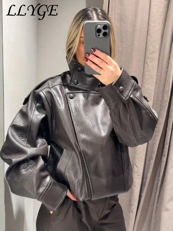 Fashion Stand Collar Women's Leather Jacket Loose Aasymmetric Zipper Buttons Full Sleeve Coat 2026 Spring Lady Biker Streetwear