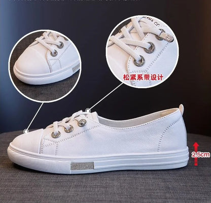 Genuine Leather Casual Sneakers for Women Spring Summer Lace Up Flats Girls Loafers Shoes Ladies Vulcanized Shoes White