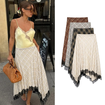 Spring Summer Women's Plaid Asymmetry Skirts Female Vintage  Skirts Chic Lace Splice Midi Skirts Lady Casual Ruched Skirt